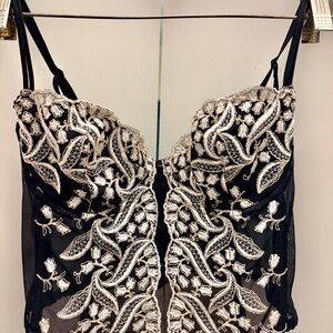 Vintage Nina Ricci Black and Cream Embroidered Bustier Top
